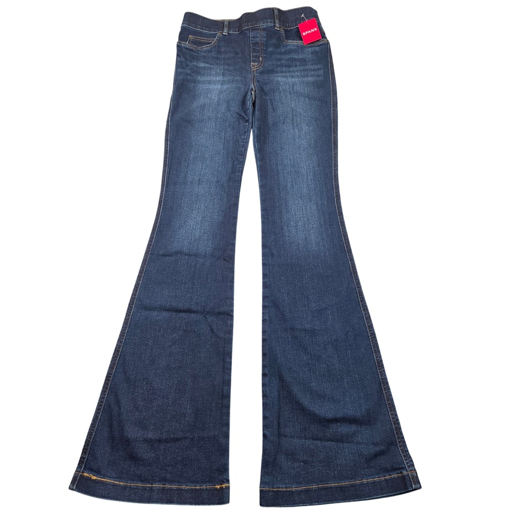 Spanx Flare Jeans Womens Small Blue Dark Wash Denim Pull On High Rise NEW